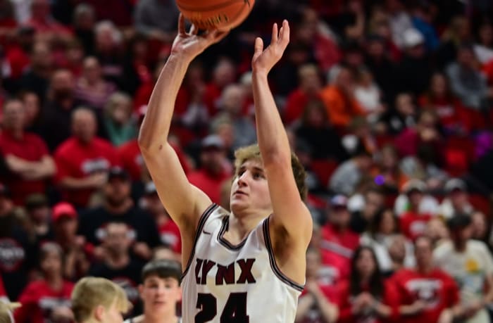 North Linn's Hayden Schmidt shoots a jump shot against Bellevue Marquette during the Class 1A state championship game at Wells Fargo Arena in Des Moines on Friday. (Photo by Ryan Timmerman)